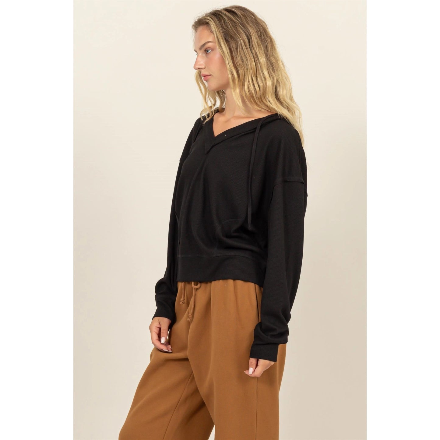 Relaxed Fit Notch Neck Ribbed Hoodie