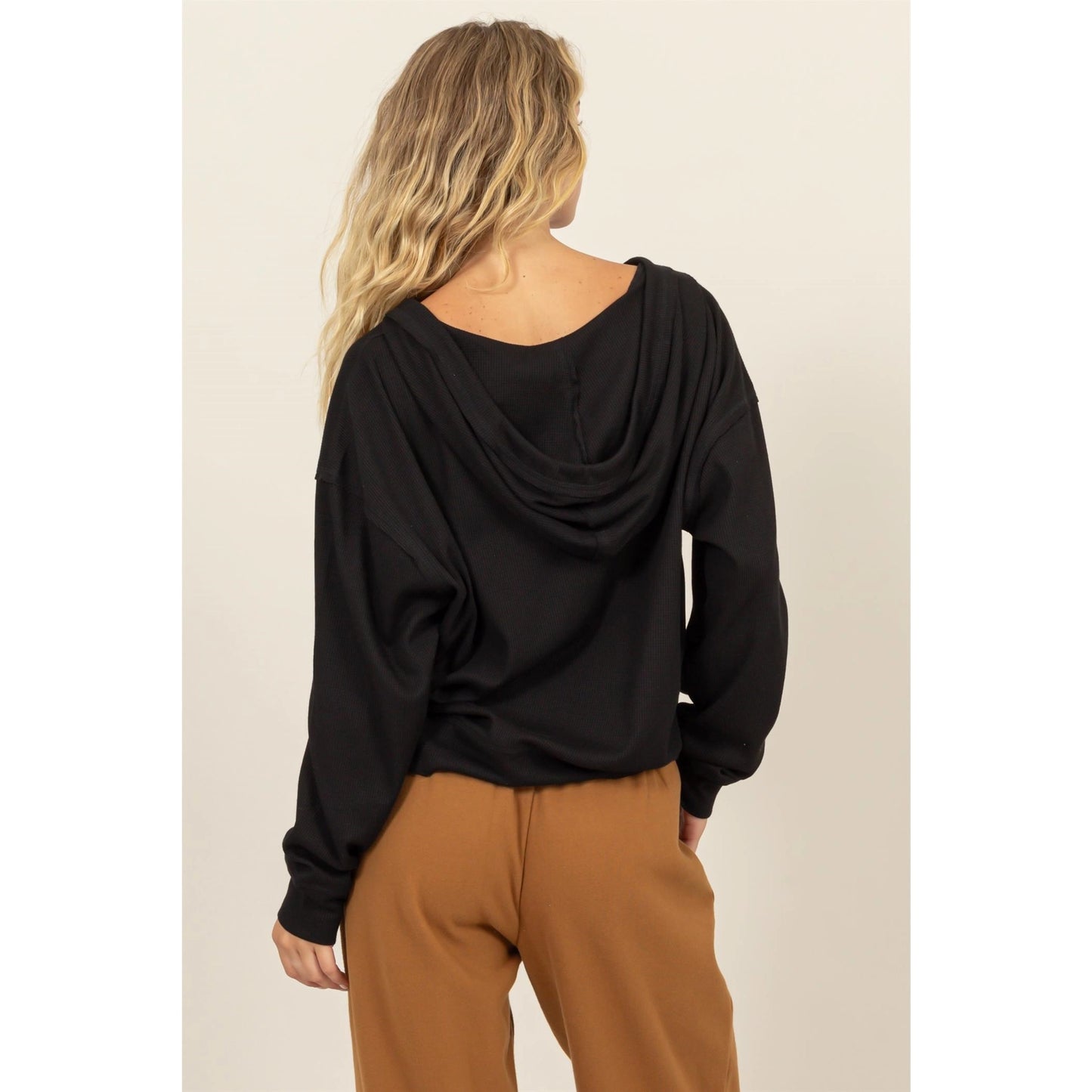 Relaxed Fit Notch Neck Ribbed Hoodie