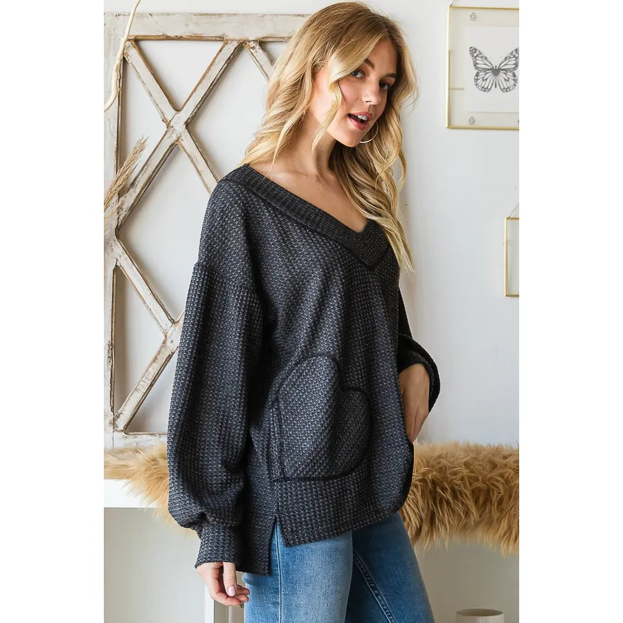 Waffle Knit V-Neck Heart Side Pocket  Top