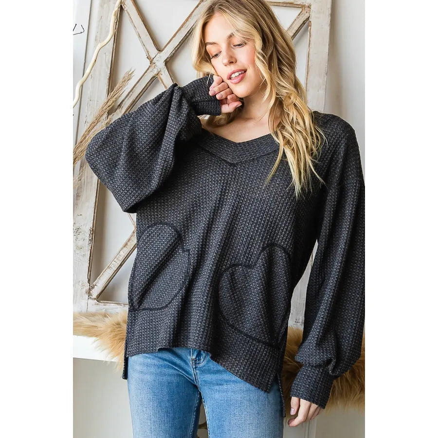 Waffle Knit V-Neck Heart Side Pocket  Top
