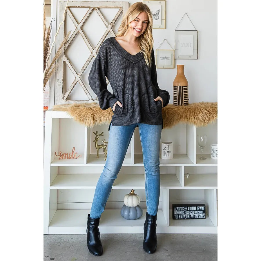 Waffle Knit V-Neck Heart Side Pocket  Top