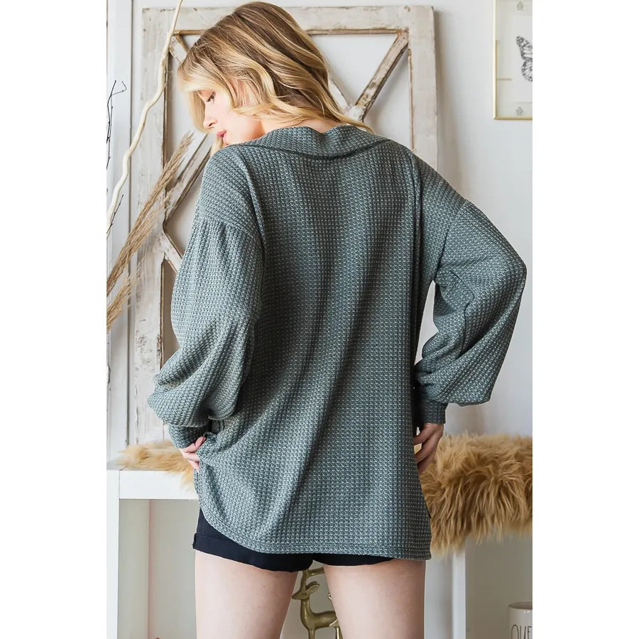 Waffle Knit V-Neck Heart Side Pocket  Top