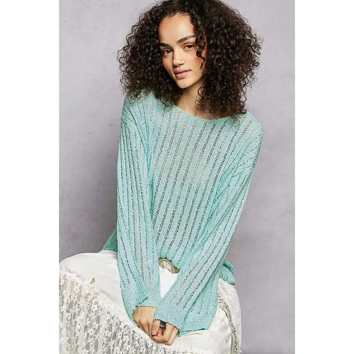 Long Sleeve Open Weave Thin Sweater Solid Knit Top