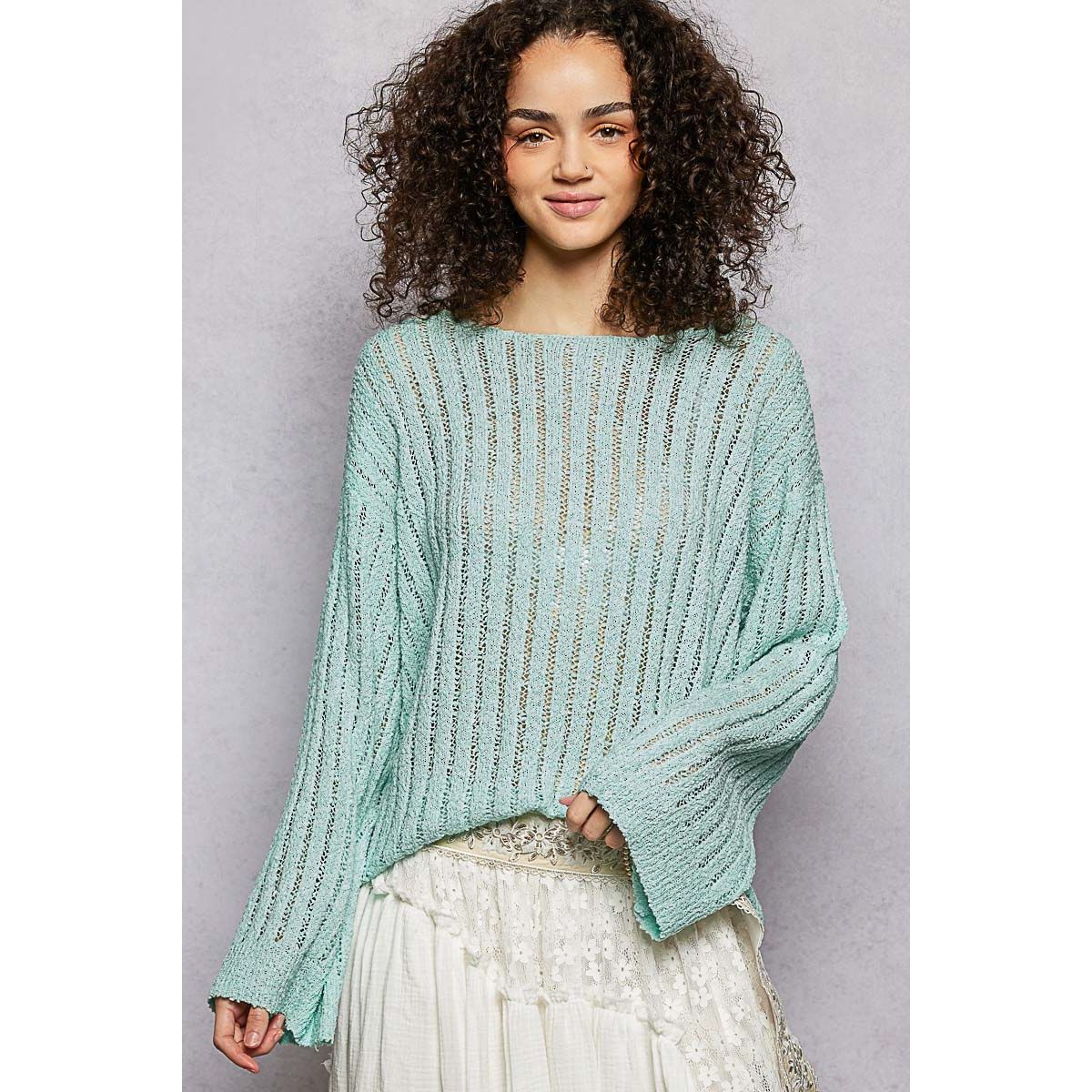 Long Sleeve Open Weave Thin Sweater Solid Knit Top