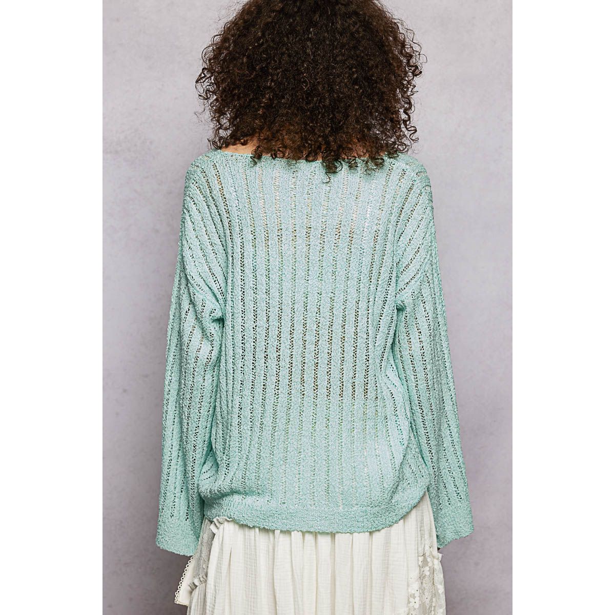 Long Sleeve Open Weave Thin Sweater Solid Knit Top