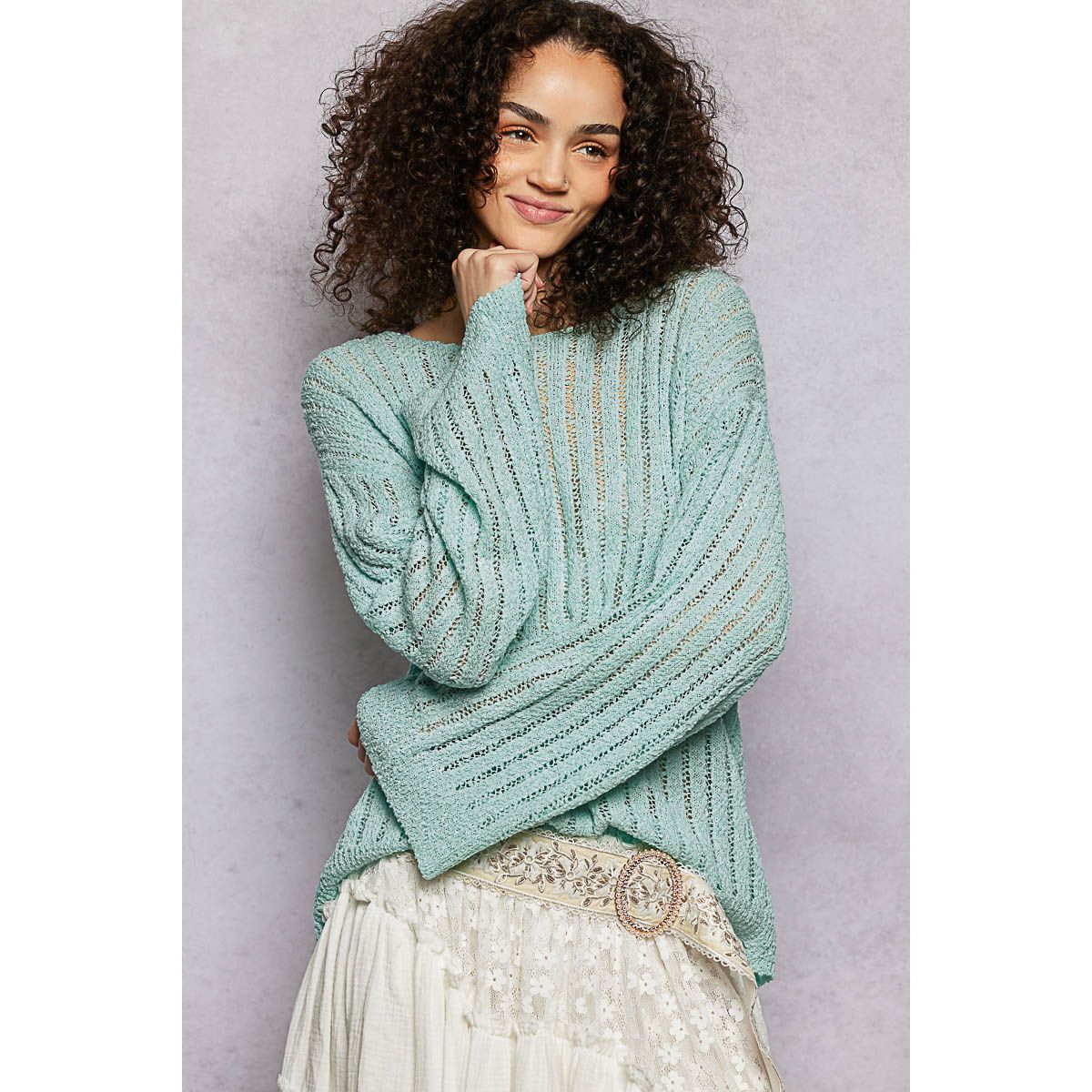 Long Sleeve Open Weave Thin Sweater Solid Knit Top