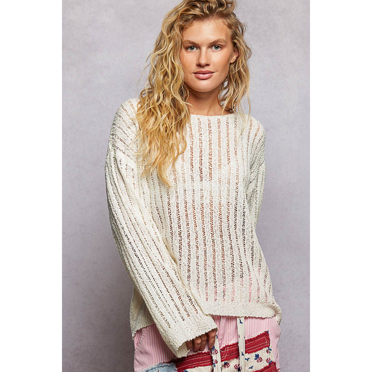 Long Sleeve Open Weave Thin Sweater Solid Knit Top