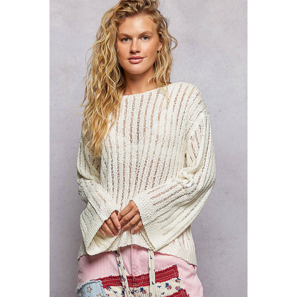 Long Sleeve Open Weave Thin Sweater Solid Knit Top