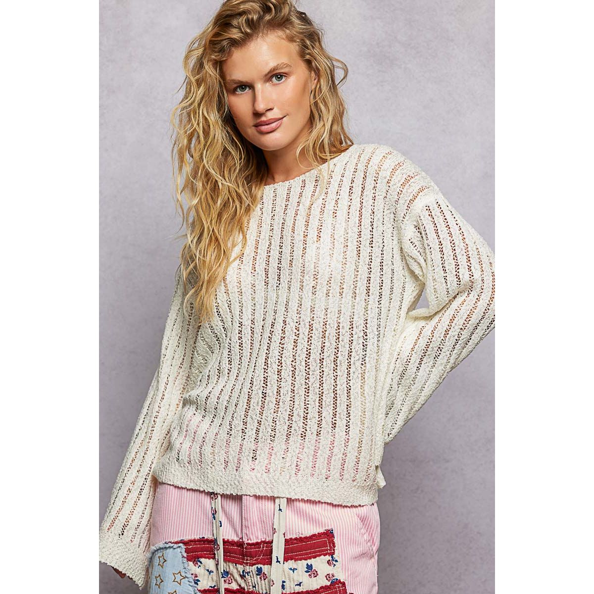 Long Sleeve Open Weave Thin Sweater Solid Knit Top