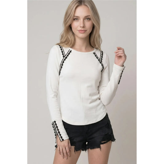 Contrast Lace Trim Ribbed Long Sleeve Boat Neck TOP-45894T