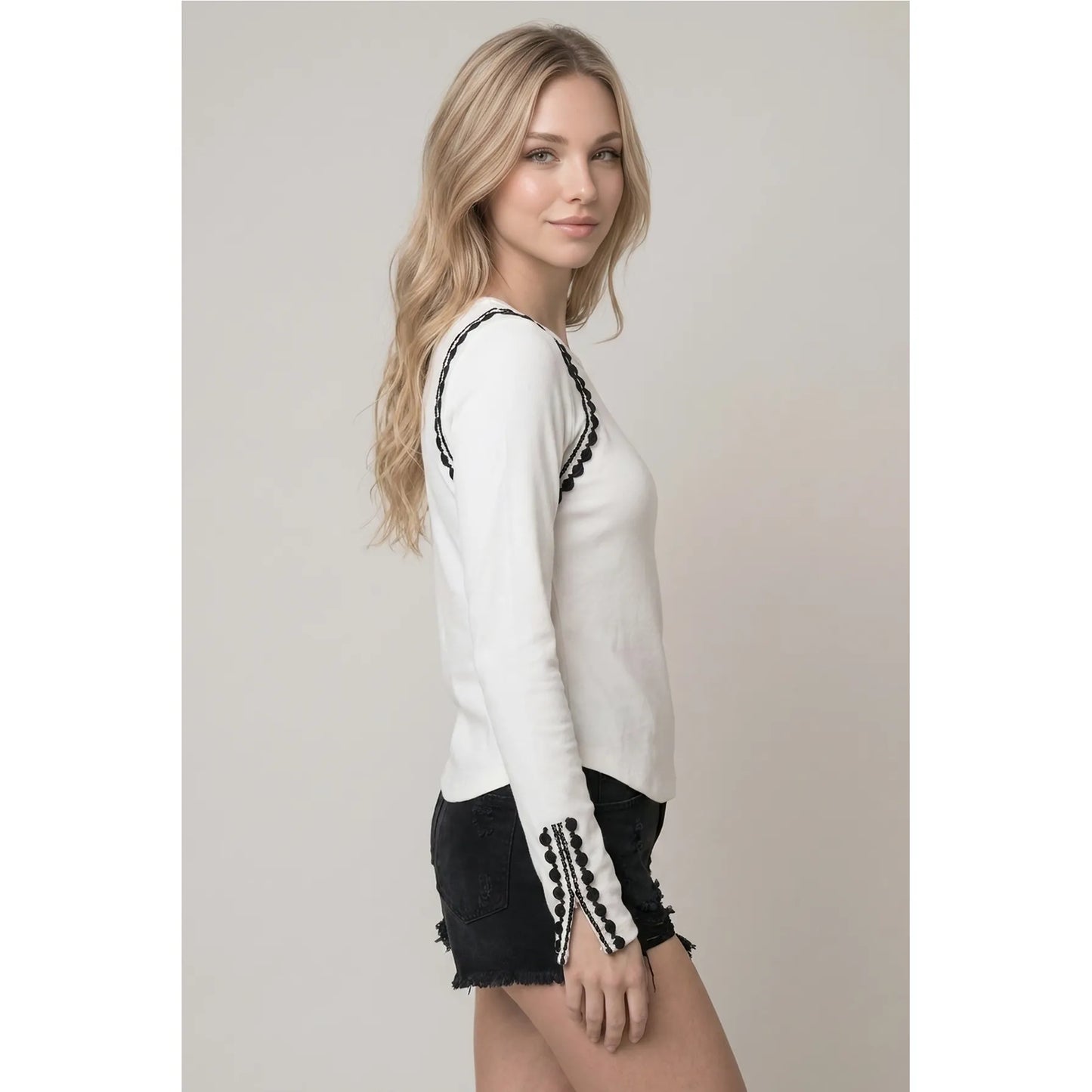Contrast Lace Trim Ribbed Long Sleeve Boat Neck Top