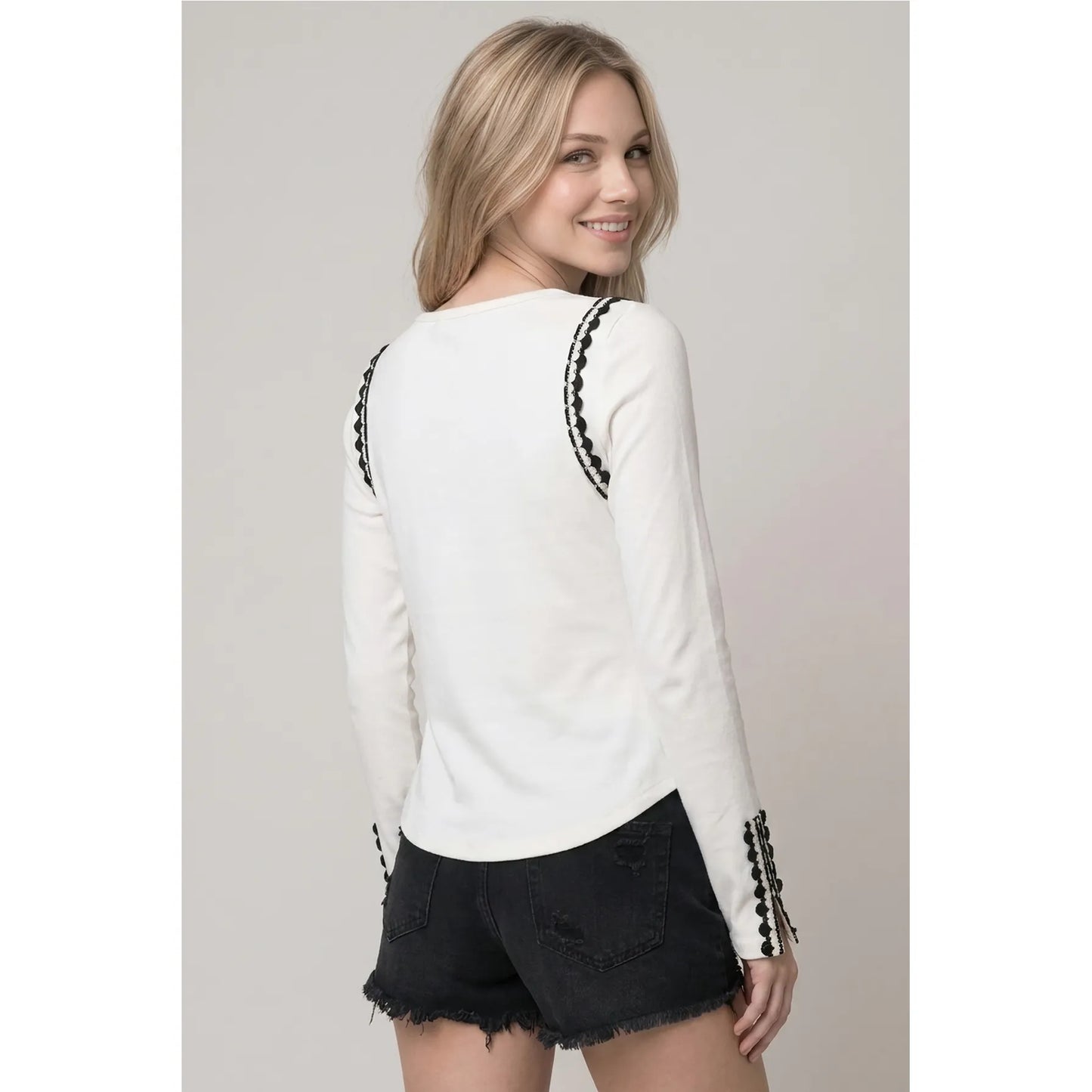 Contrast Lace Trim Ribbed Long Sleeve Boat Neck Top