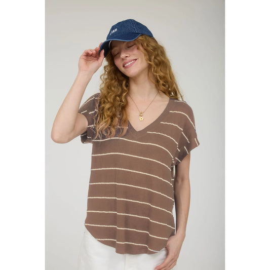 Plus Stripe V Neck Cuffed Sleeve Knit Top