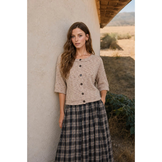 Marled Button Down Short Sleeve Raw Edge Knit Top