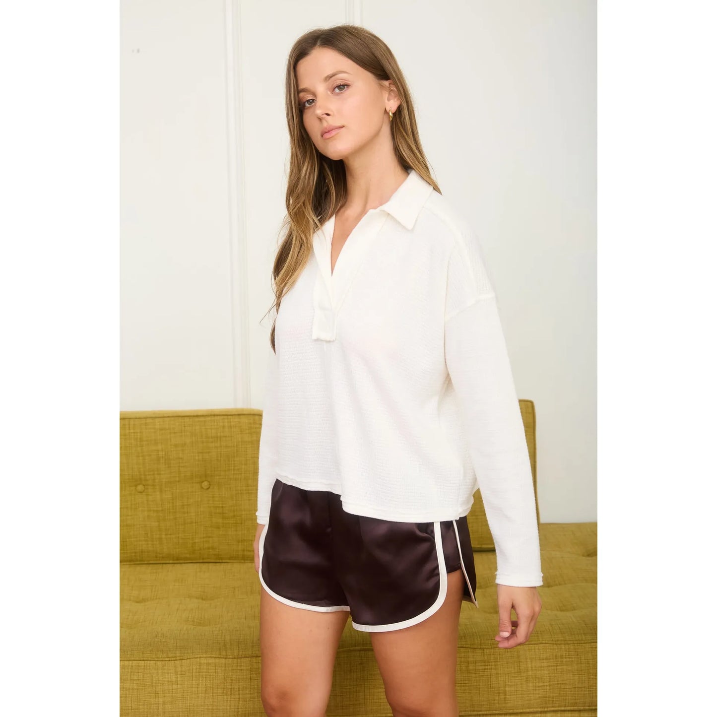 Exposed Seam Long Sleeve Textured Knit Polo
