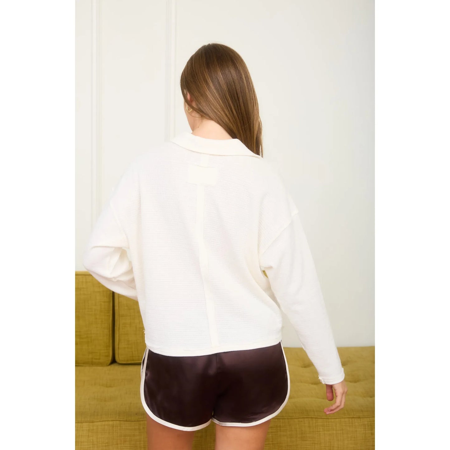 Exposed Seam Long Sleeve Textured Knit Polo