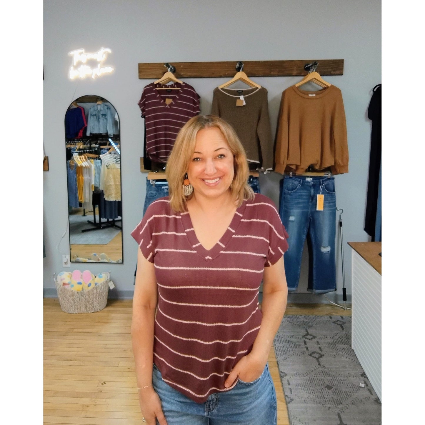 Stripe V Neck Cuffed Sleeve Knit Top