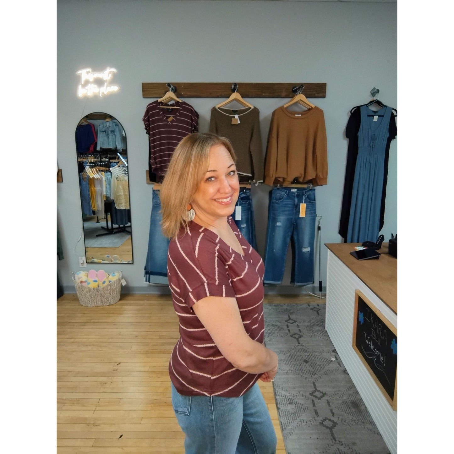 Stripe V Neck Cuffed Sleeve Knit Top