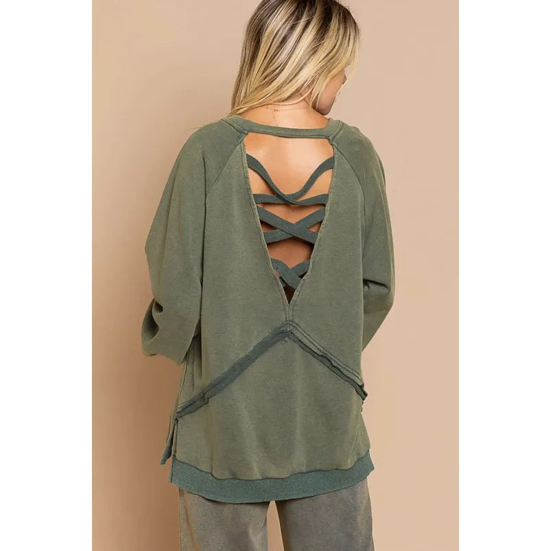 Back Cross Strap Details Balloon Sleeve Sweatshirt