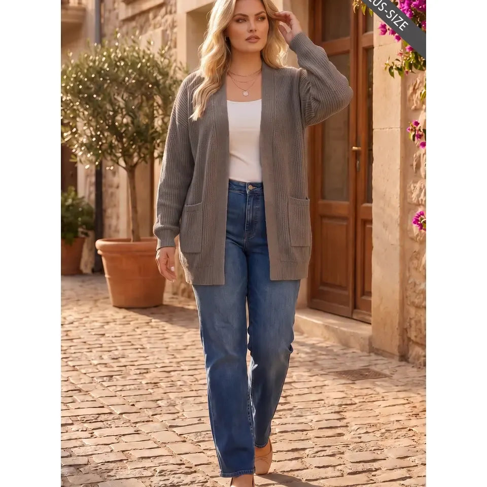 Plus Size Curly Rib Relaxed Front Pocket Cardigan