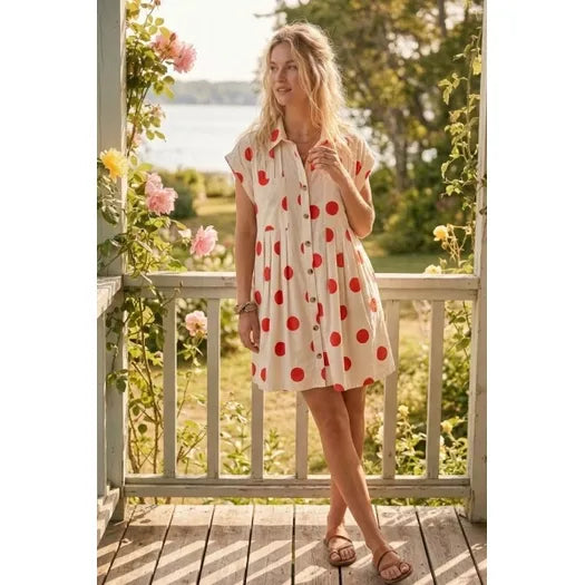Polka Dot Button Down Pleated Poplin Mini Dress