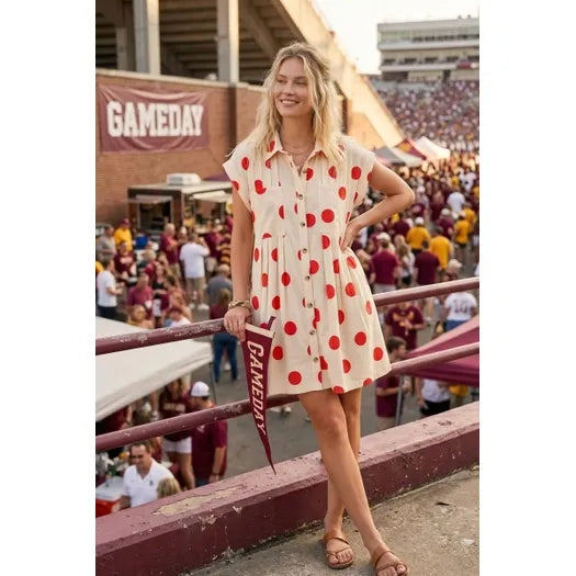 Polka Dot Button Down Pleated Poplin Mini Dress
