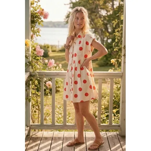 Polka Dot Button Down Pleated Poplin Mini Dress
