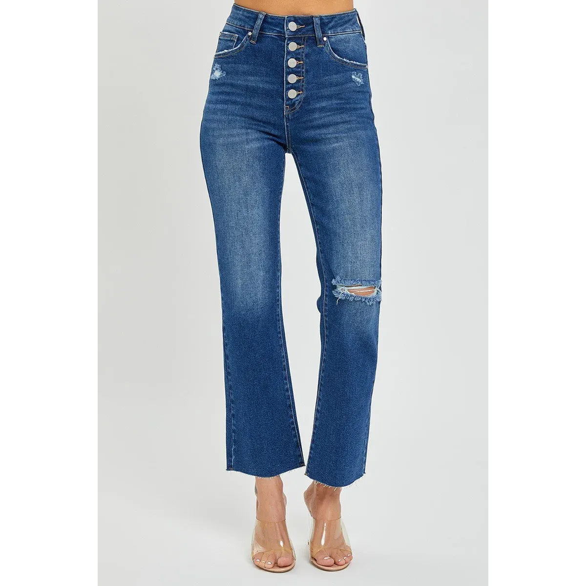 RISEN HIGH RISE CROP STRAIGHT BUTTON DOWN DISTRESSED JEANS