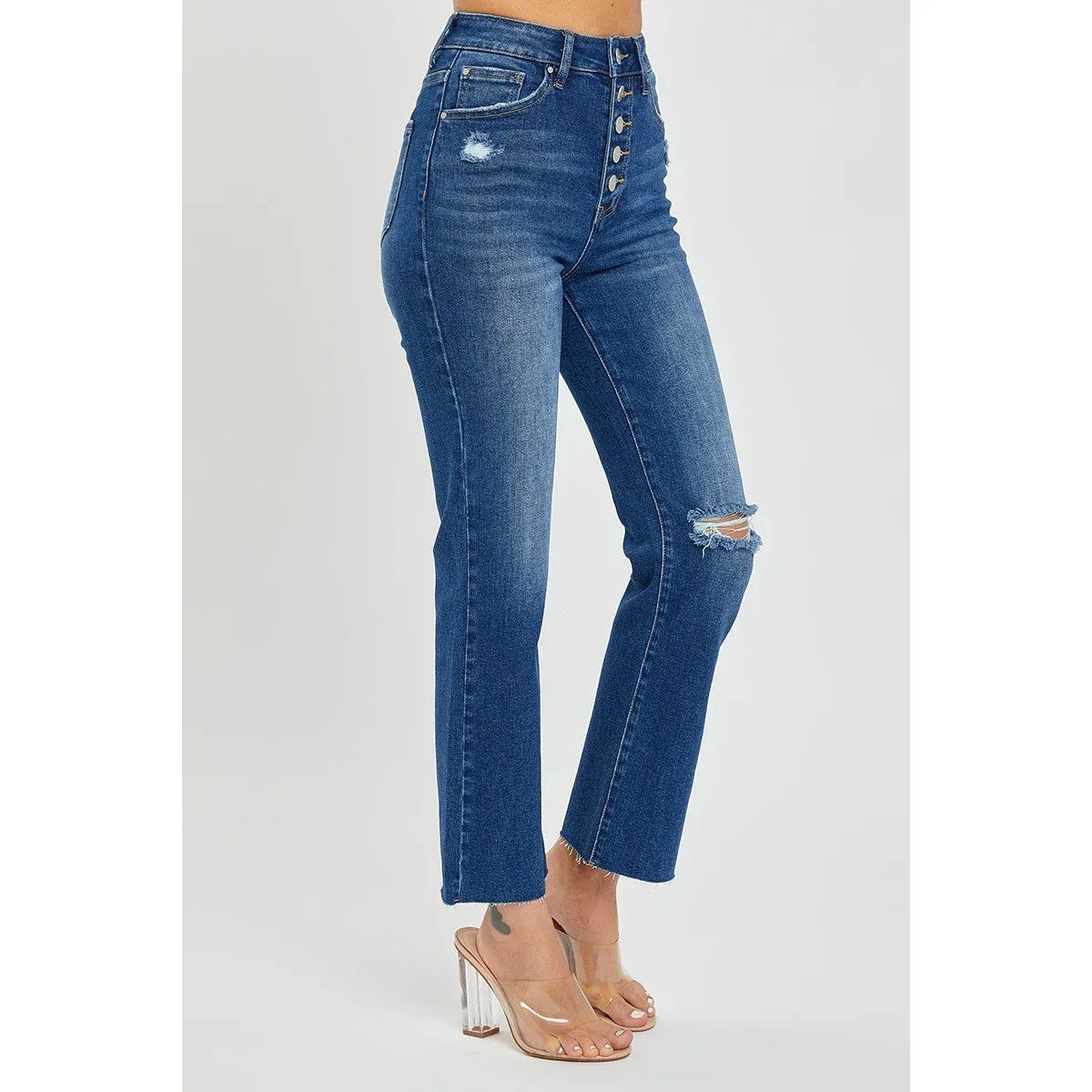 RISEN HIGH RISE CROP STRAIGHT BUTTON DOWN DISTRESSED JEANS