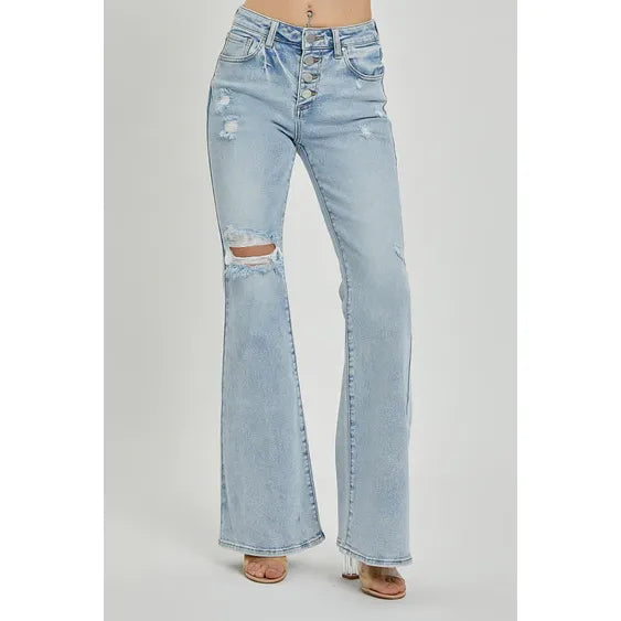 Risen Jeans - Mid-Rise Button Down Flare Jeans (33" Inseam)