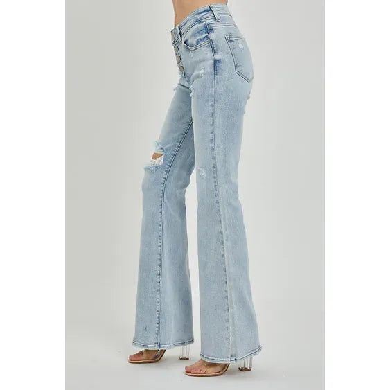 Risen Jeans - Mid-Rise Button Down Flare Jeans (33" Inseam)