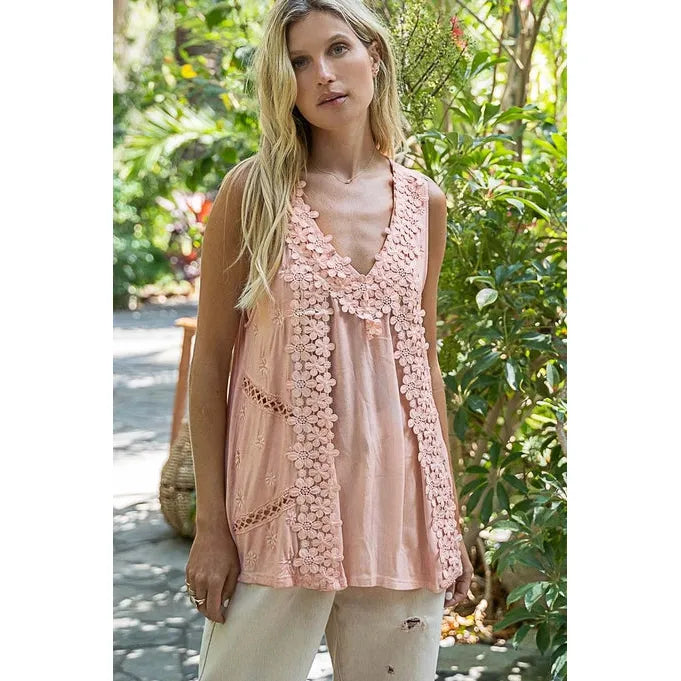 Sleeveless Contrast Floral Lace Crochet Detail V-Neck Top