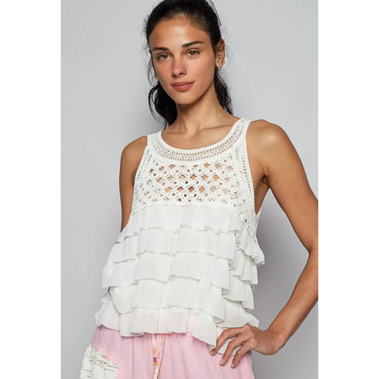 Round Neck Short Sleeve Ruffle Crochet Top