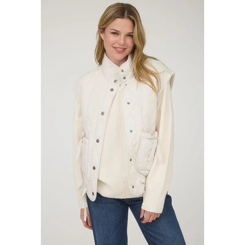 Tie Detail Snap Button Down Quilted Puffer Vest