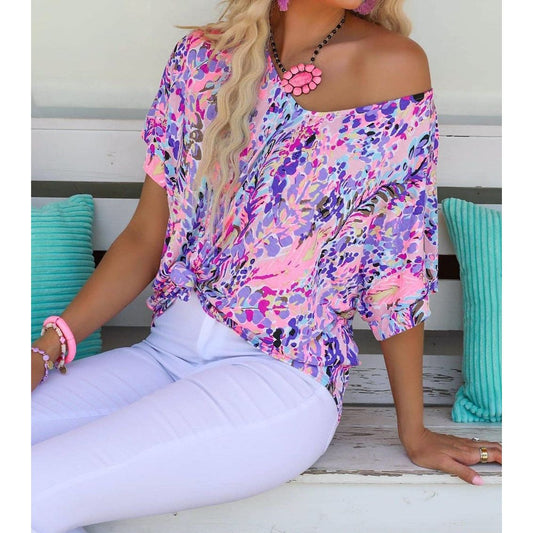 V Neck Short Sleeve Abstract Floral Top