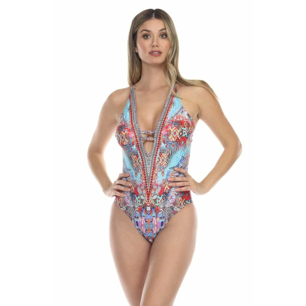 Ikat Blossom Plunge One-Piece Swimsuit
